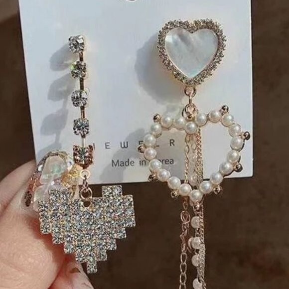 Mismatch Dangle Stud Earrings Hearts Pearl Beads and Pave NEW! 1247K2 - Picture 2 of 7